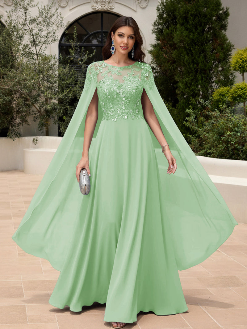 2026 Sage Formal Dresses with Cape Sleeves Evening Wedding Guest Dresses Sequin Embroidery Crew Neck Chiffon Floor-Length