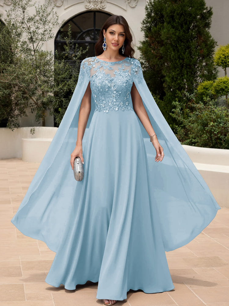 2026 Dusty Blue Formal Dresses with Cape Sleeves Evening Wedding Guest Dresses Sequin Embroidery Crew Neck Chiffon Floor-Length
