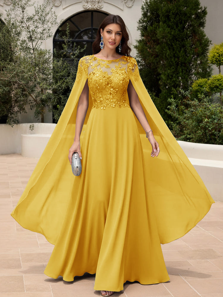 2026 Mustard Yellow Formal Dresses with Cape Sleeves Evening Wedding Guest Dresses Sequin Embroidery Crew Neck Chiffon Floor-Length
