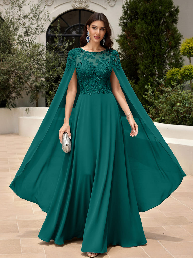 Elegant Sequined Chiffon Formal Dresses with Cape Shawl