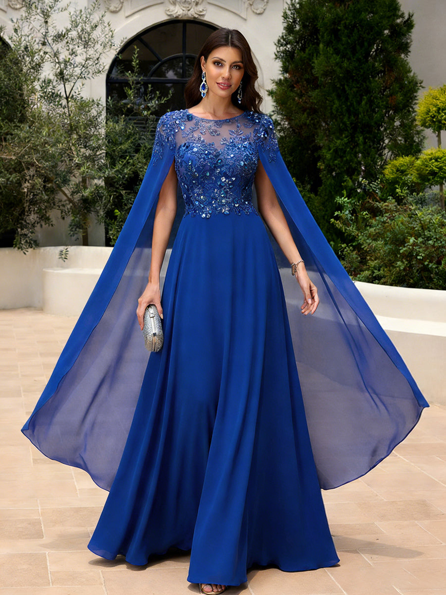 Elegant Sequined Chiffon Formal Dresses with Cape Shawl