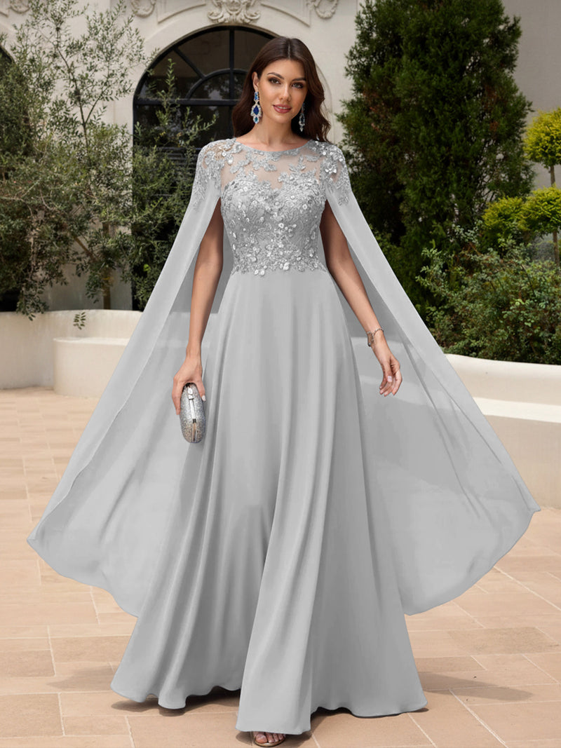 2026 Pink Formal Dresses with Cape Sleeves Evening Wedding Guest Dresses Sequin Embroidery Crew Neck Chiffon Floor-Length 2026 Pink Formal Dresses with Cape Sleeves Evening Wedding Guest Dresses Sequin Embroidery Crew Neck Chiffon Floor-Length