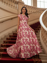 Round Neck Short Sleeves Jacquard Formal Dress