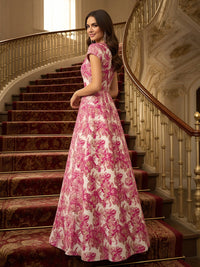 Round Neck Short Sleeves Jacquard Formal Dress