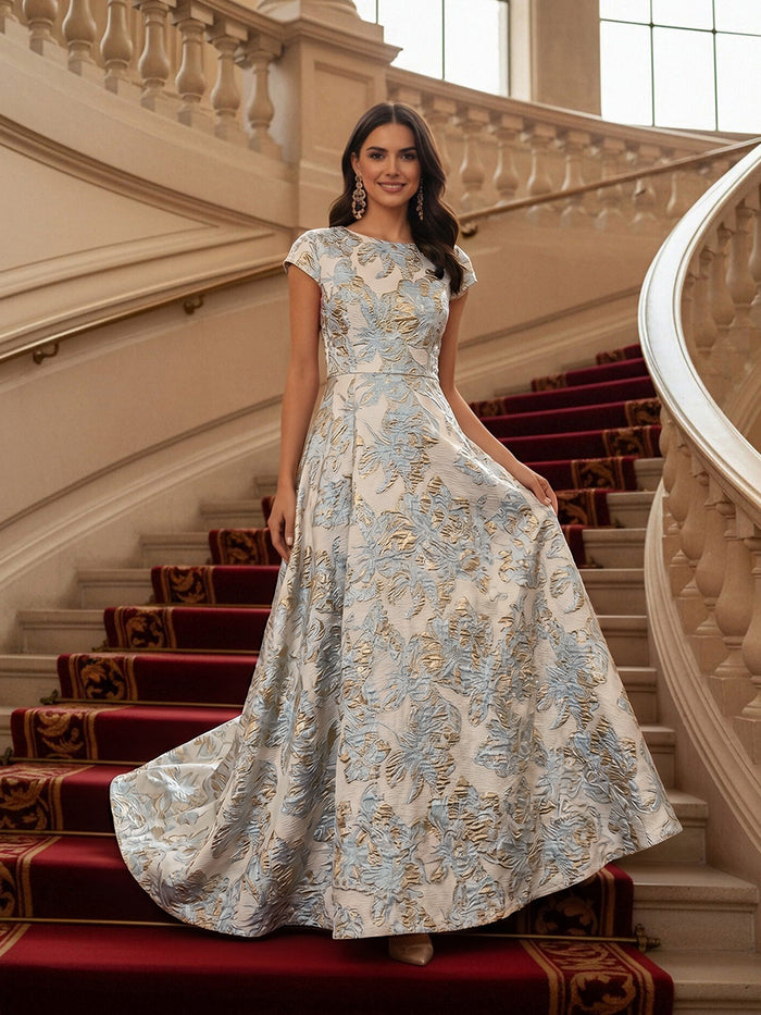 Round Neck Short Sleeves Jacquard Formal Dress