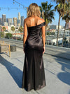 One Shoulder Satin Sheath Formal Dresses with Pleats
