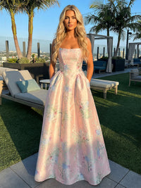 Satin A Line Strapless Floral Print Formal Dresses