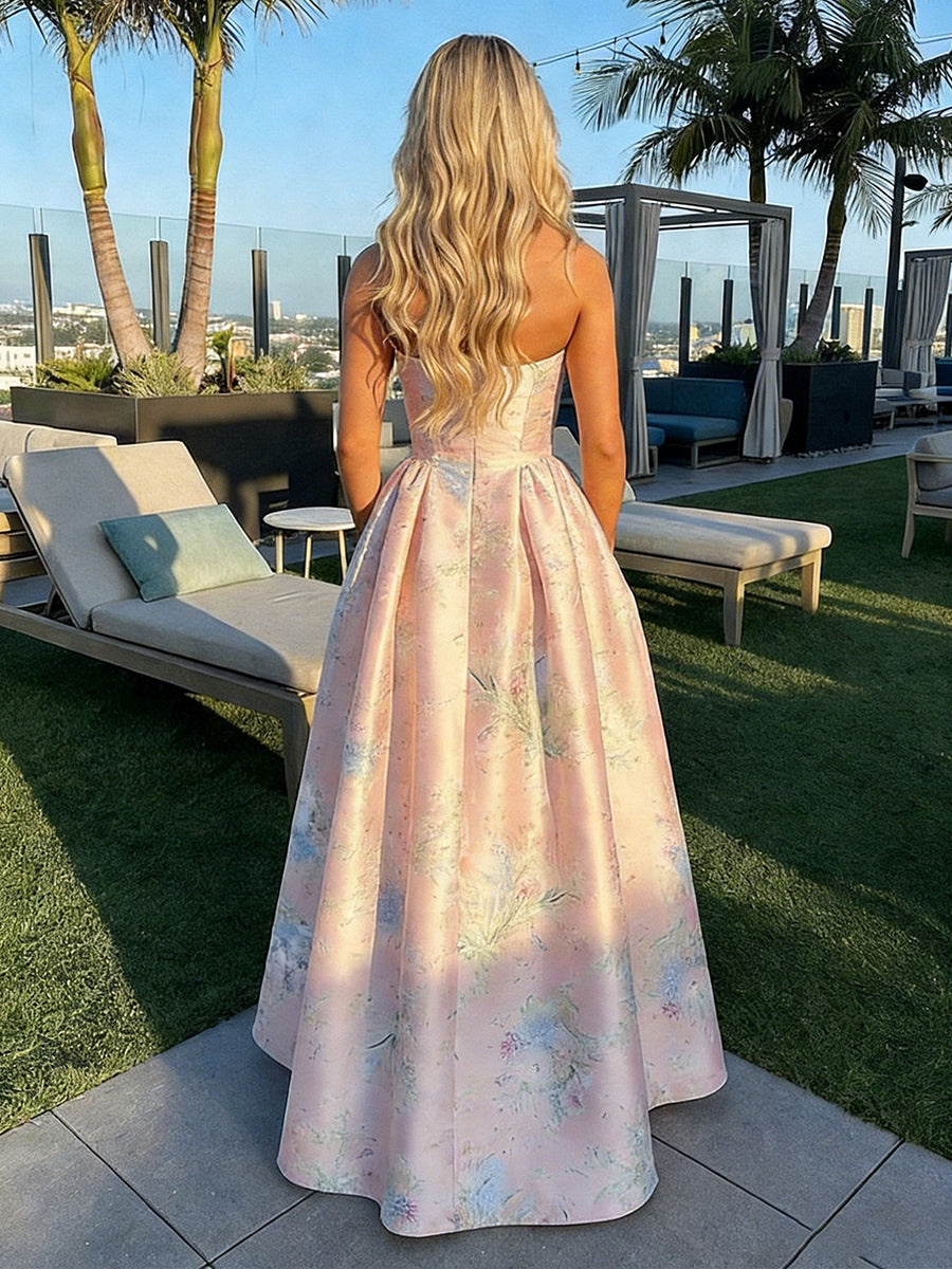 Satin A Line Strapless Floral Print Formal Dresses