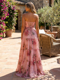 Tulle A Line Strapless Floral Print Formal Dresses