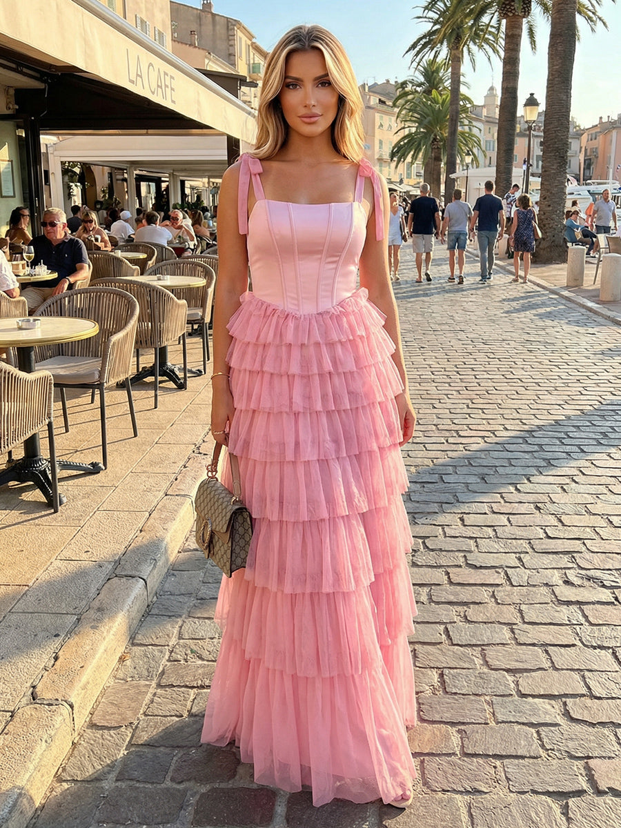 Tulle A Line Square Neck Tiered Formal Dresses