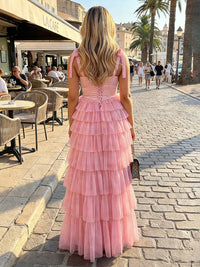 Tulle A Line Square Neck Tiered Formal Dresses