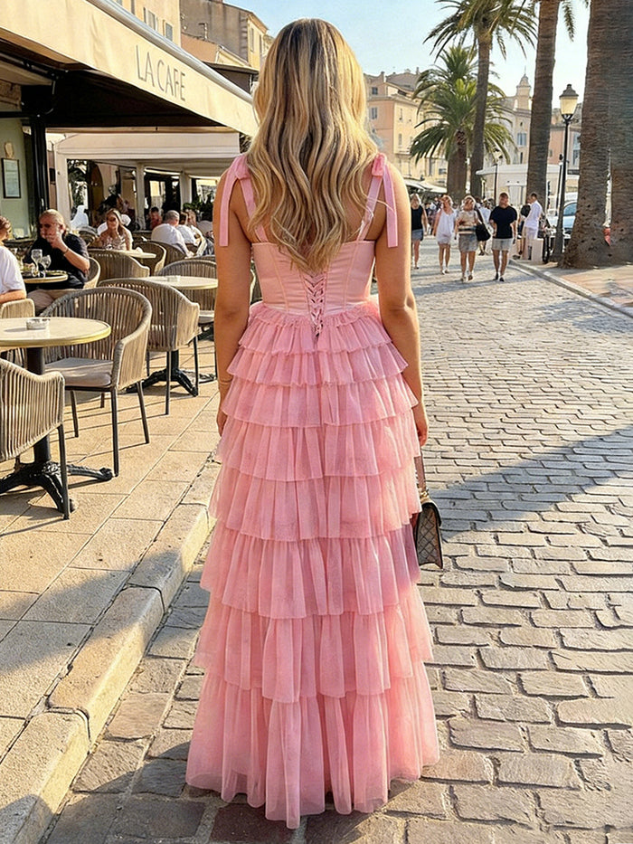 Tulle A Line Square Neck Tiered Formal Dresses