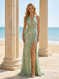3D Flower Appliques Mermaid Halter Sequin Evening Formal Gown