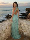 3D Flower Appliques Mermaid Halter Sequin Evening Formal Gown