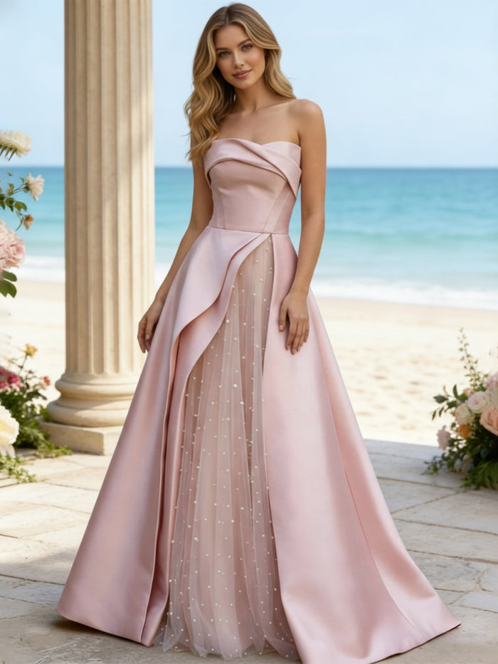Satin A Line Strapless Beaded Prom Dresses