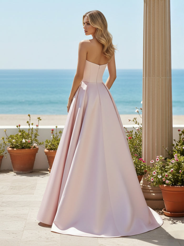 Satin A Line Strapless Beaded Prom Dresses