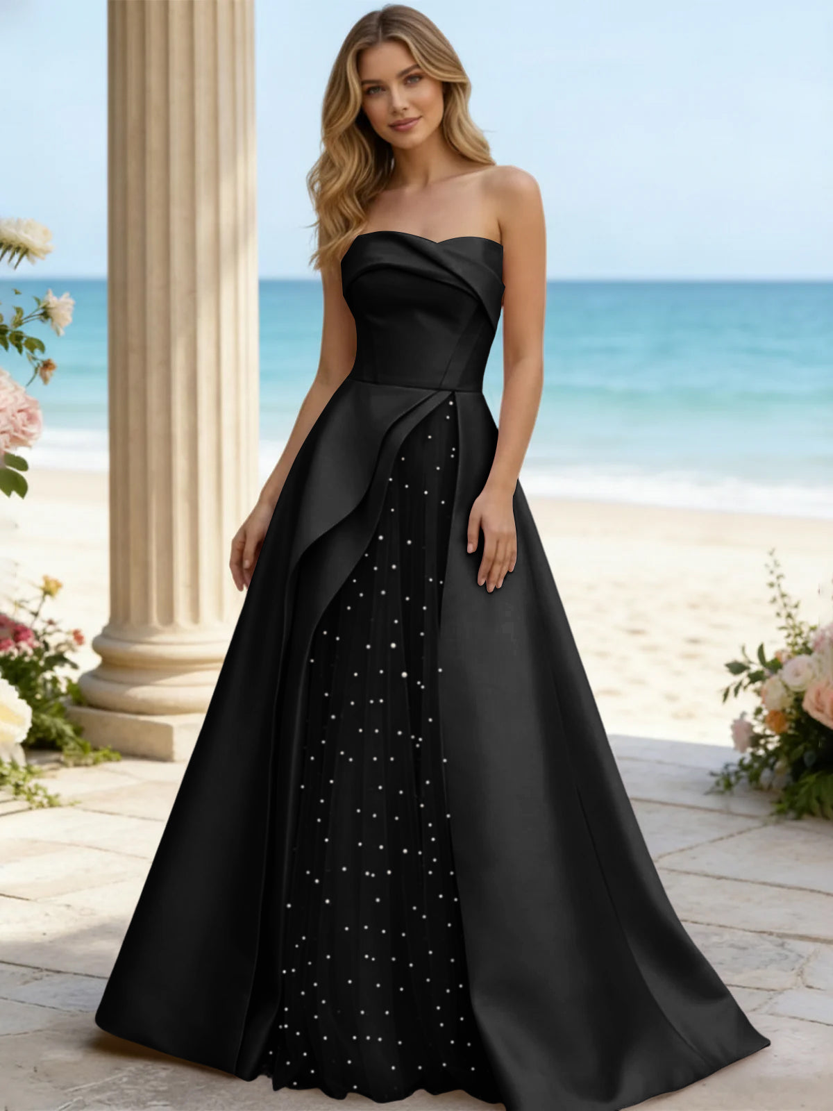 Satin A Line Strapless Beaded Prom Dresses