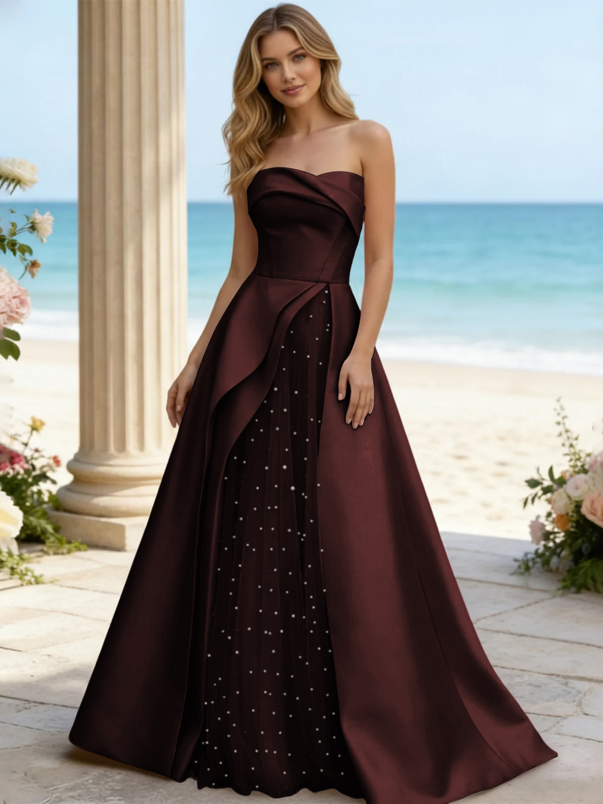 Satin A Line Strapless Beaded Prom Dresses