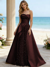 Satin A Line Strapless Beaded Prom Dresses