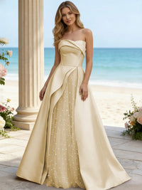 Satin A Line Strapless Beaded Prom Dresses