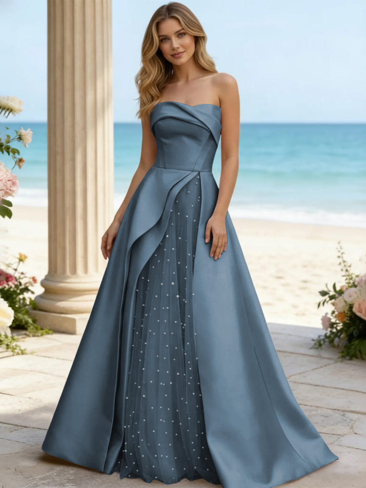 Satin A Line Strapless Beaded Prom Dresses