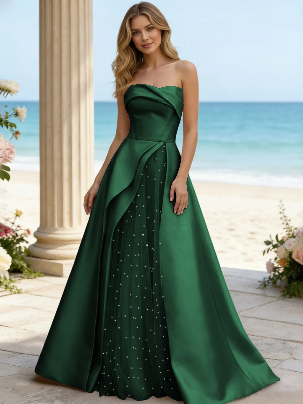 Satin A Line Strapless Beaded Prom Dresses