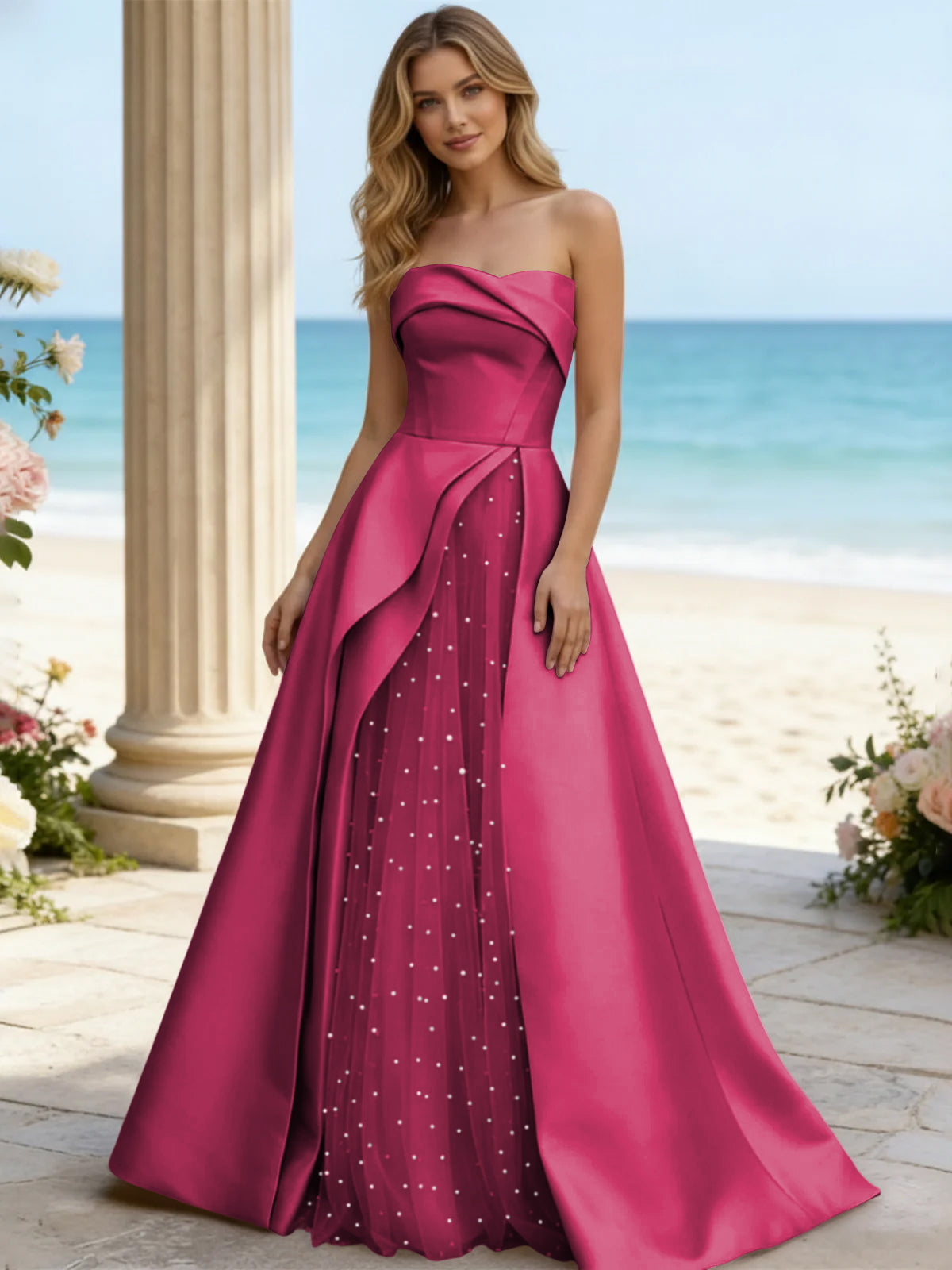 Satin A Line Strapless Beaded Prom Dresses