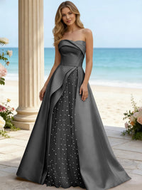 Satin A Line Strapless Beaded Prom Dresses