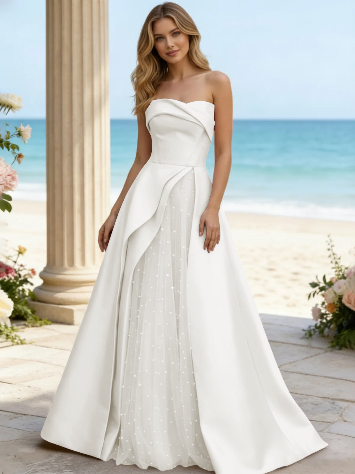 Satin A Line Strapless Beaded Prom Dresses