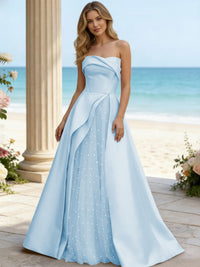 Satin A Line Strapless Beaded Prom Dresses