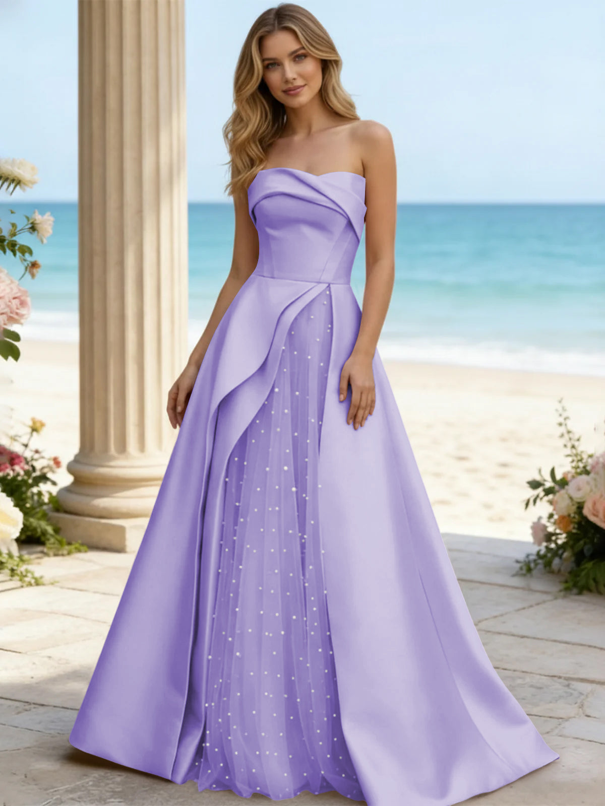 Satin A Line Strapless Beaded Prom Dresses