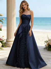 Satin A Line Strapless Beaded Prom Dresses