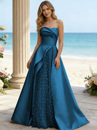 Satin A Line Strapless Beaded Prom Dresses