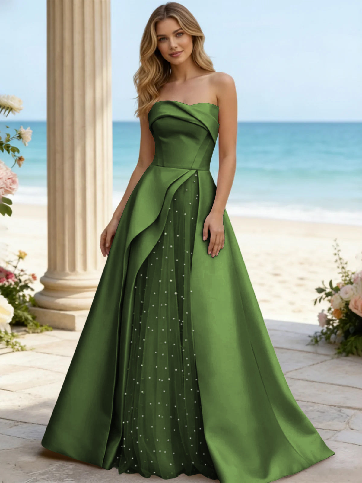 Satin A Line Strapless Beaded Prom Dresses