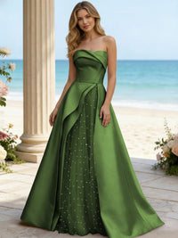 Satin A Line Strapless Beaded Prom Dresses