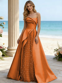 Satin A Line Strapless Beaded Prom Dresses