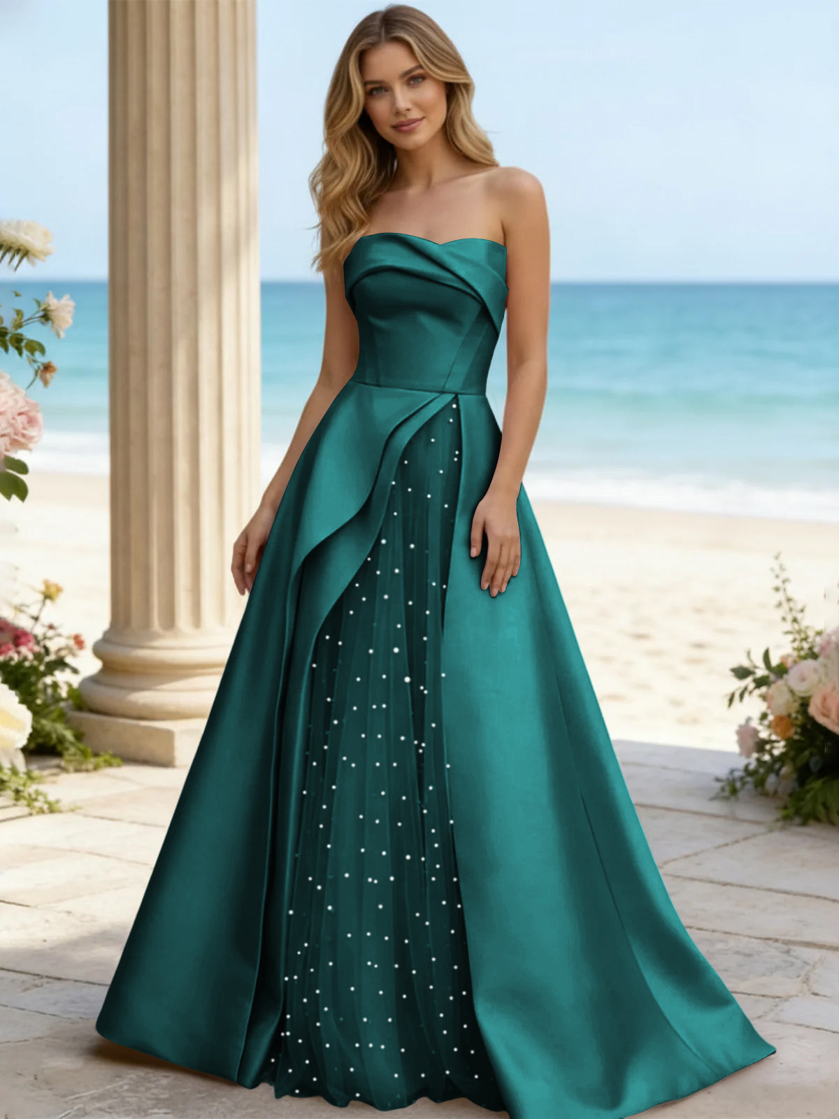 Satin A Line Strapless Beaded Prom Dresses