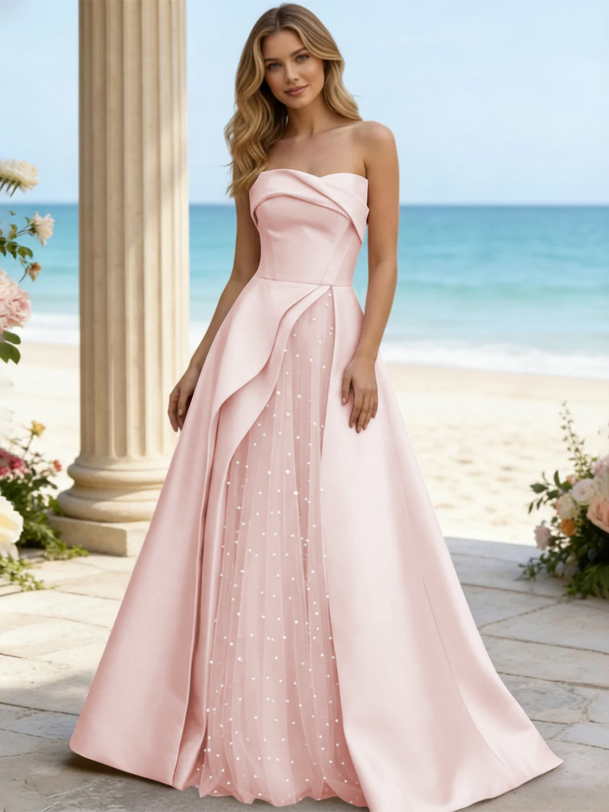 Satin A Line Strapless Beaded Prom Dresses