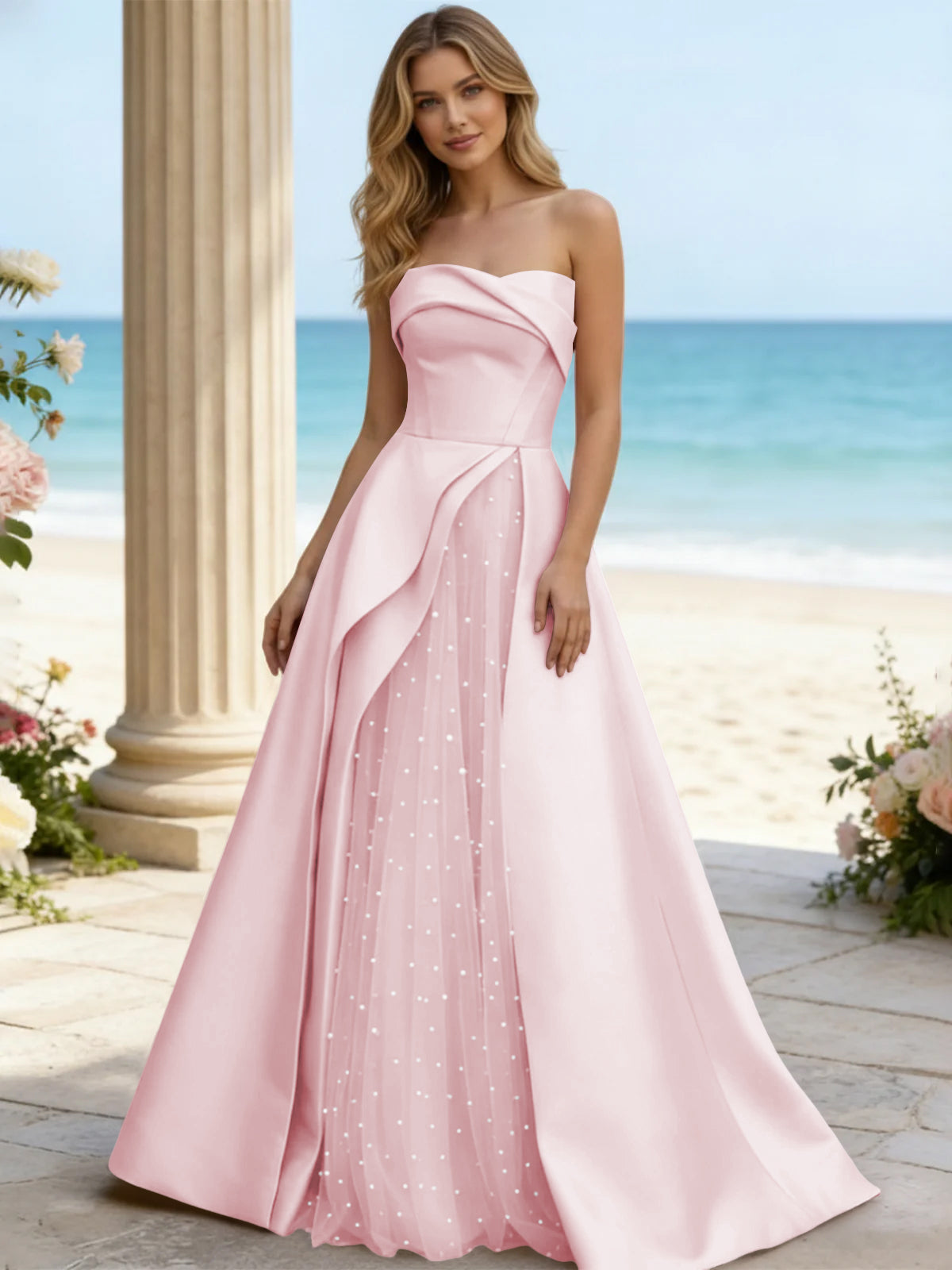 Satin A Line Strapless Beaded Prom Dresses