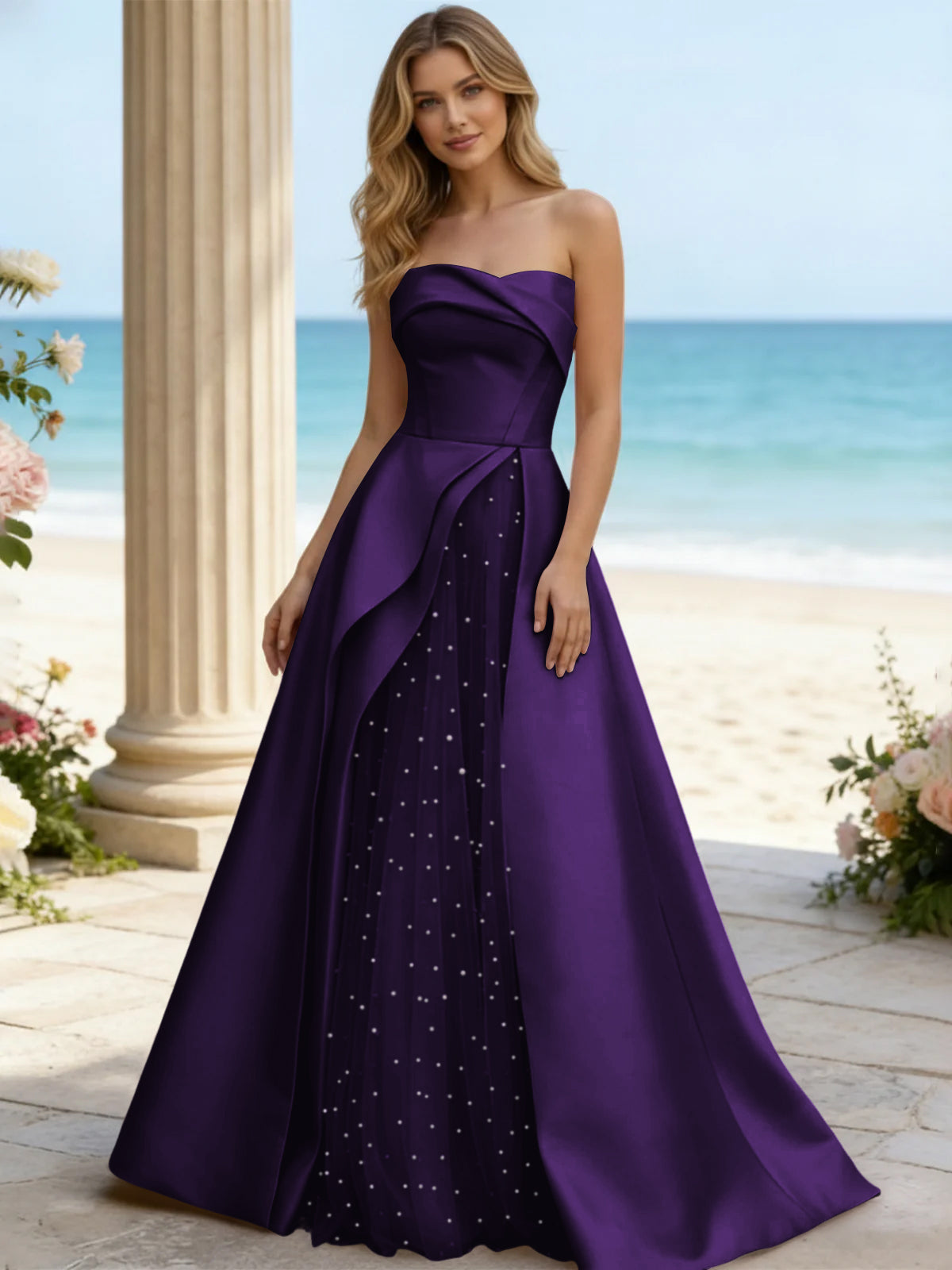 Satin A Line Strapless Beaded Prom Dresses