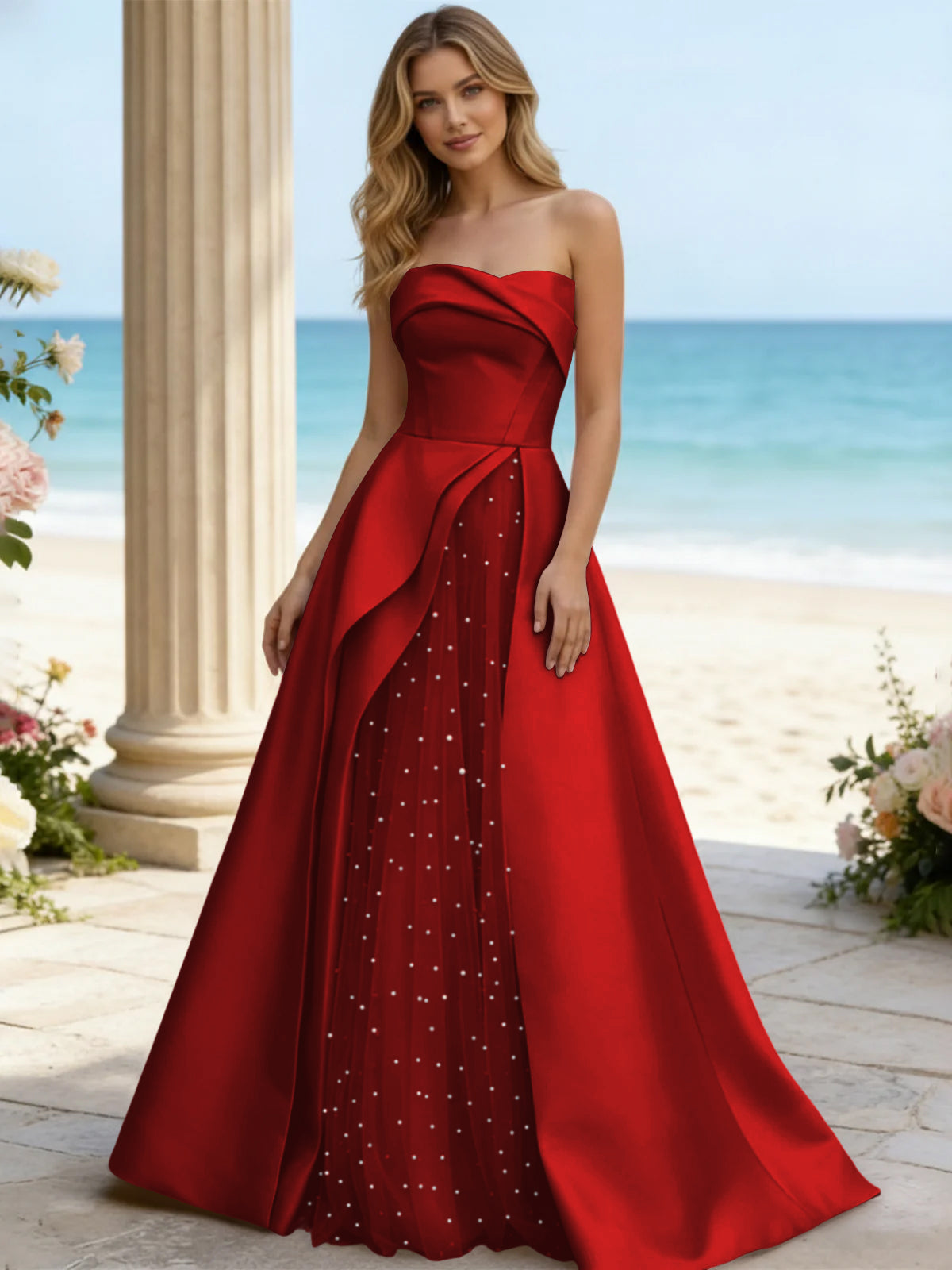 Satin A Line Strapless Beaded Prom Dresses