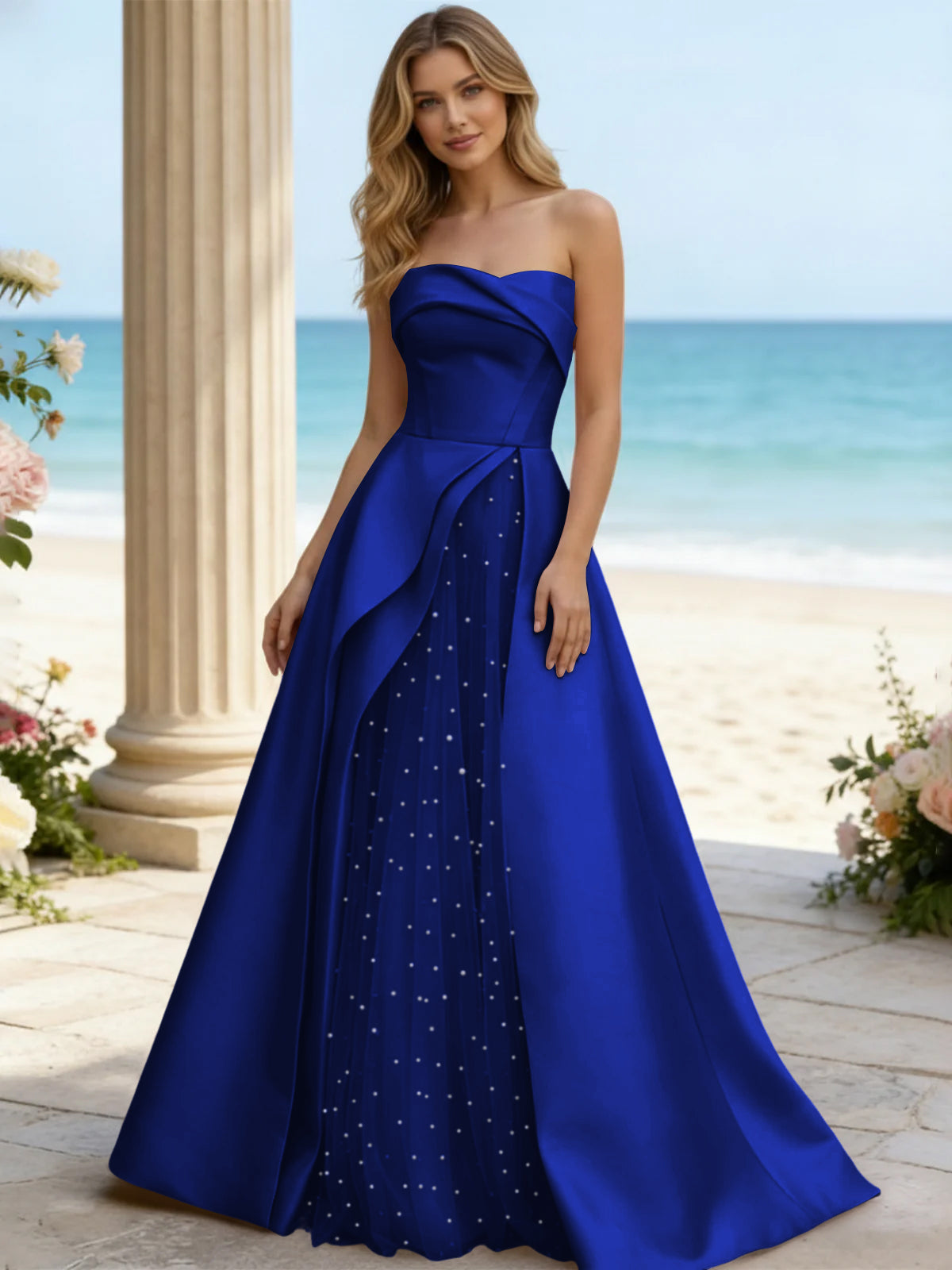 Satin A Line Strapless Beaded Prom Dresses