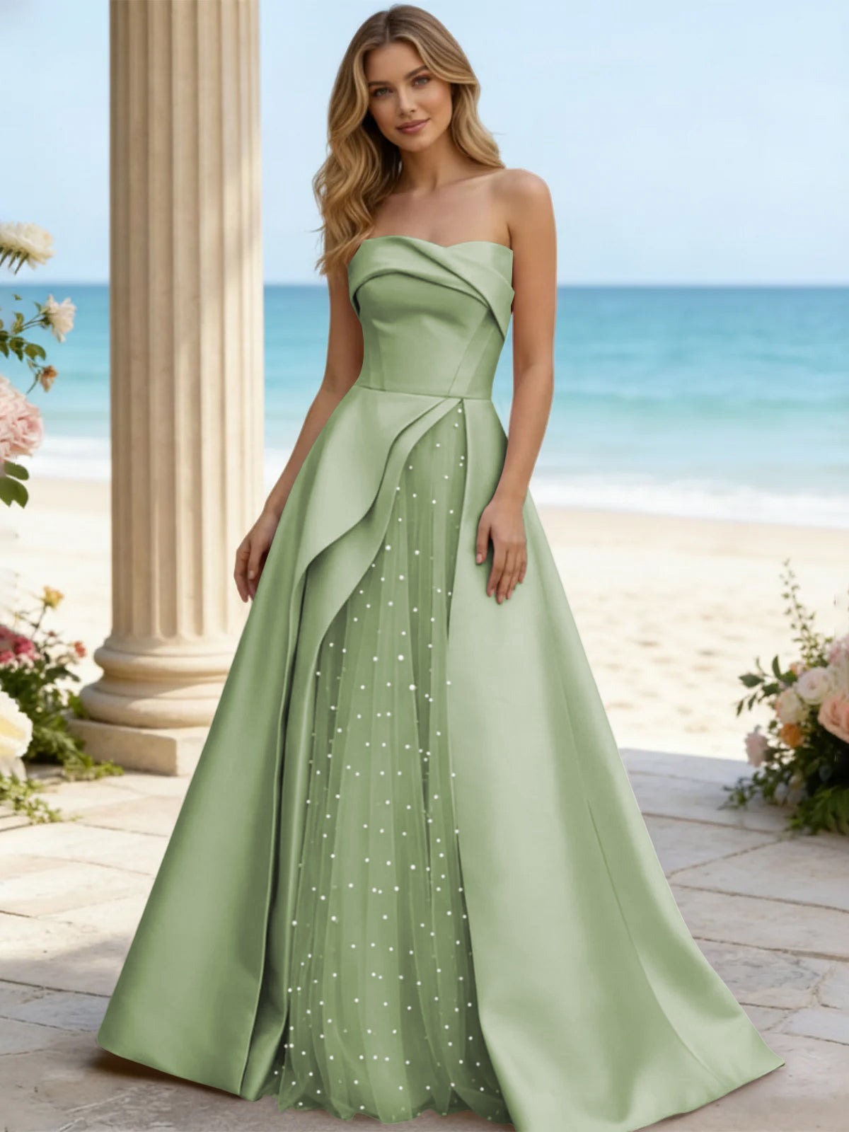 Satin A Line Strapless Beaded Prom Dresses