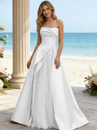 Satin A Line Strapless Beaded Prom Dresses