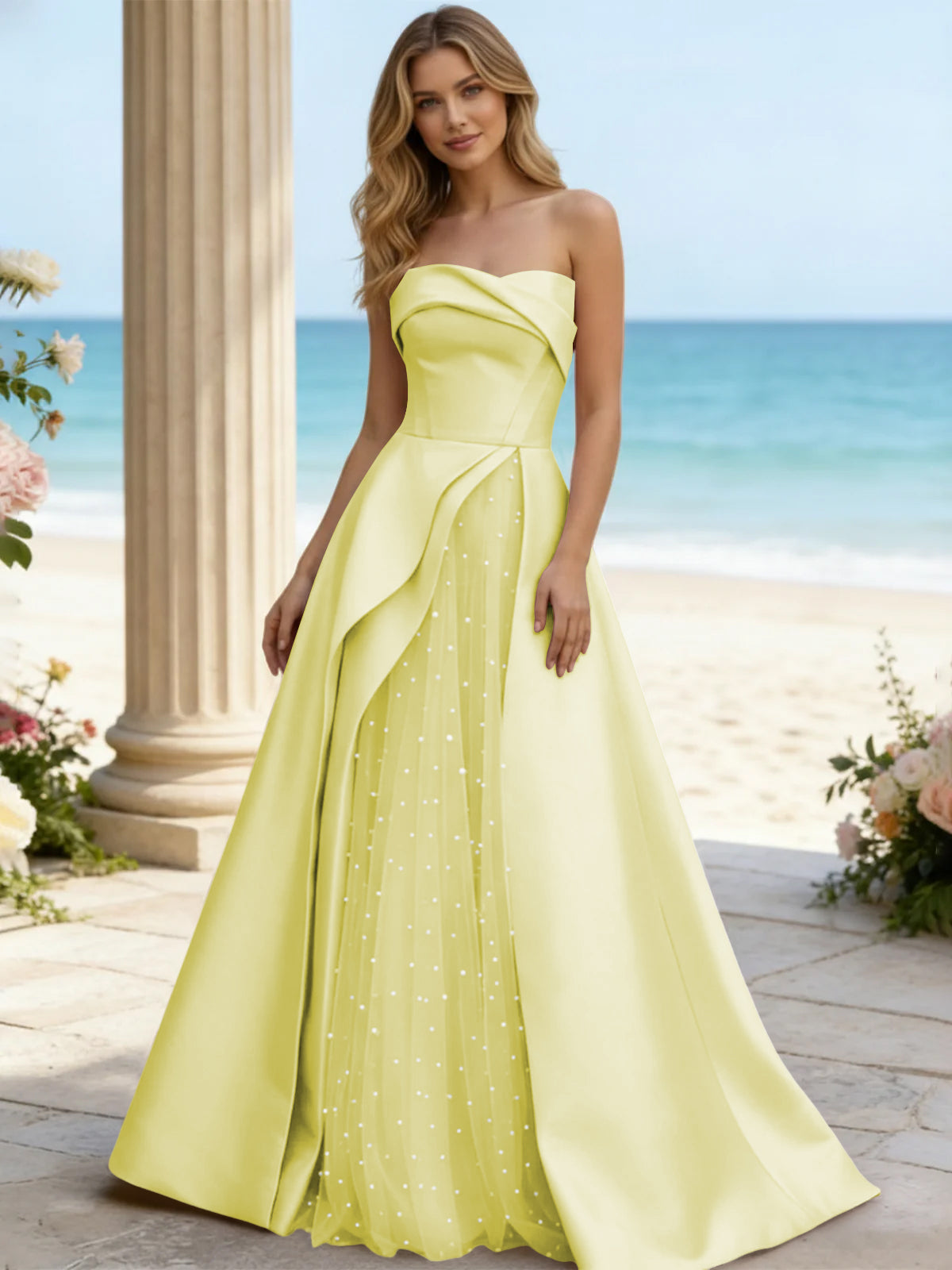 Satin A Line Strapless Beaded Prom Dresses