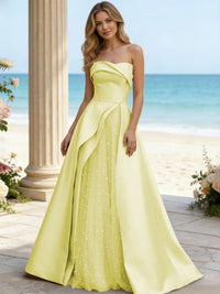 Satin A Line Strapless Beaded Prom Dresses