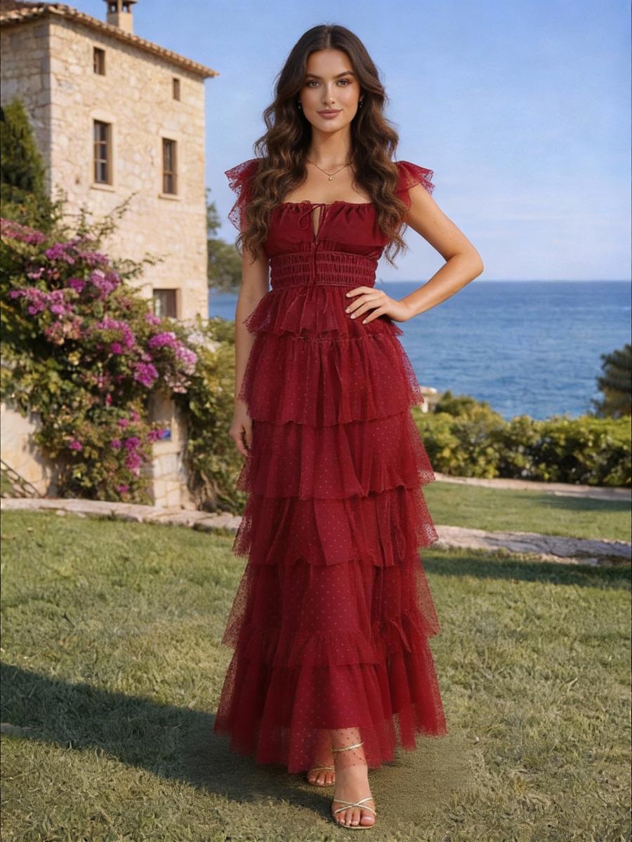 Tulle A Line Square Neck Tiered Formal Dresses