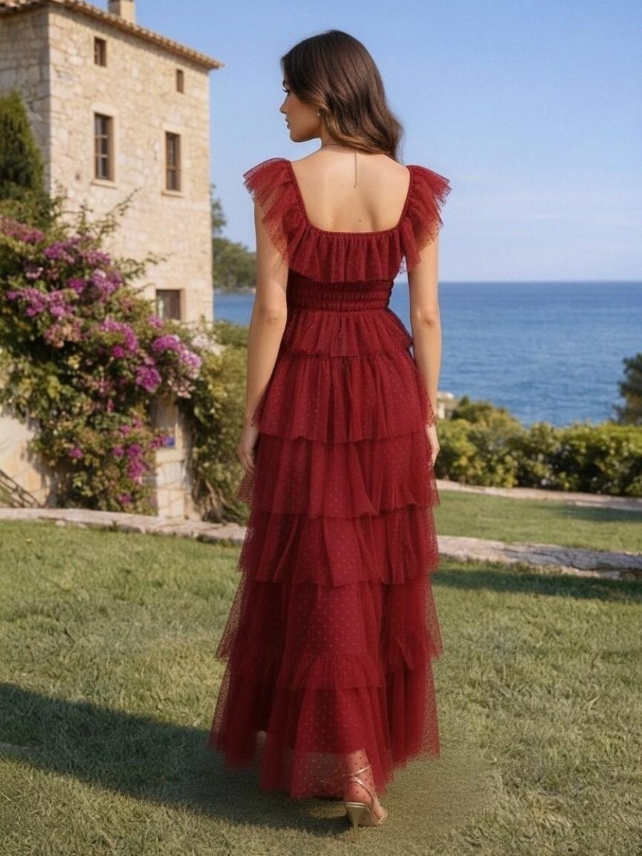 Tulle A Line Square Neck Tiered Formal Dresses