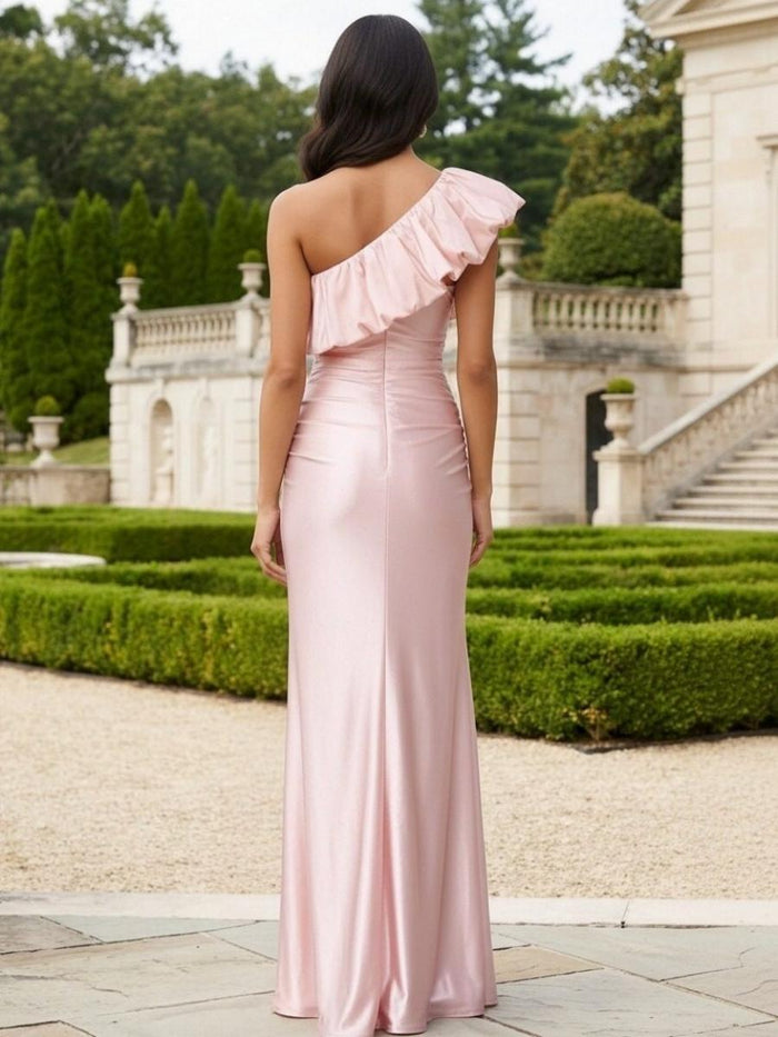 Satin Bodycon One Shoulder Ruffles Formal Dresses