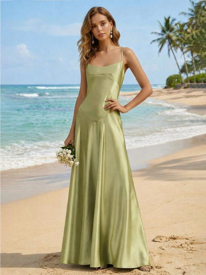 Satin A Line Spaghetti Straps Pleated Formal Dresses